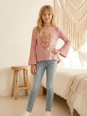Star Ride Be Unique Gold Unicorn/Pink Waffle long sleeve shirt Tie back Girls7/8